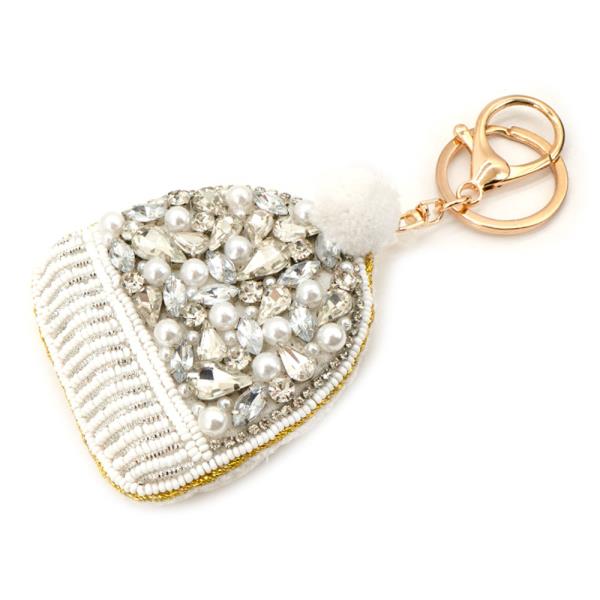 PEARL RHINESTONE CRYSTAL STONE WINTER HAT BAG CHARM KEYCHAIN