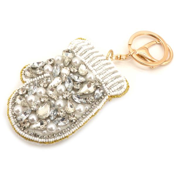 PEARL RHINESTONE CRYSTAL STONE MITTEN BAG CHARM KEYCHAIN
