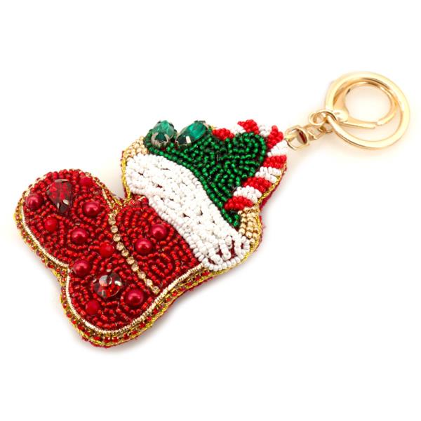 CHRISTMAS SEED BEAD RHINESTONE SANTA STOCKING KEYCHAIN