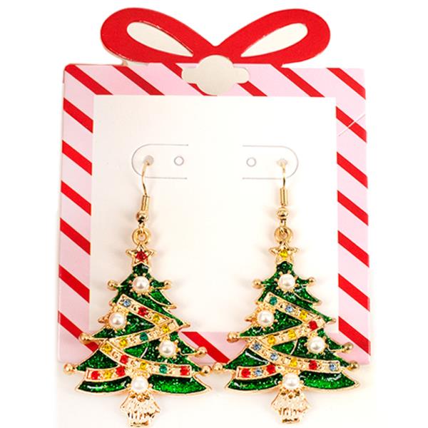 CHRISTMAS PEARL RHINESTONE TREE DANGLE EARRING
