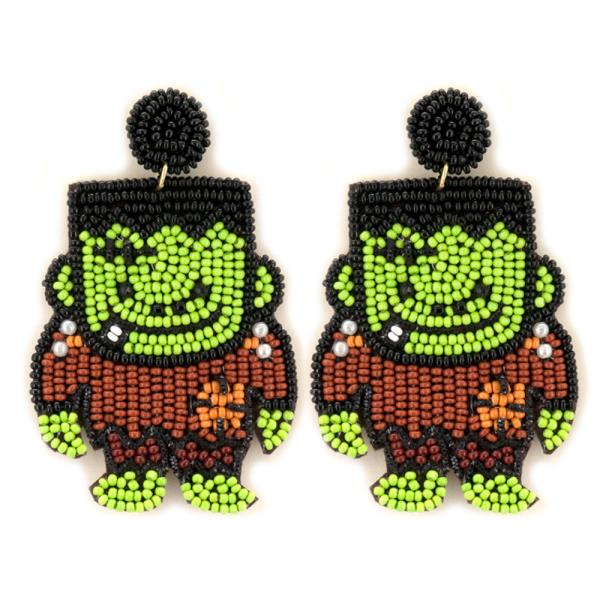HALLOWEEN SEED BEAD FRANKENSTEIN STATEMENT EARRING