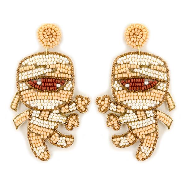 HALLOWEEN SEED BEAD MUMMY STATEMENT EARRING