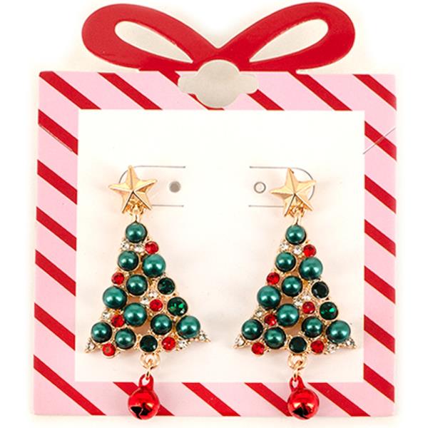 CHRISTMAS PEARL RHINESTONE TREE BELL DROP EARRING