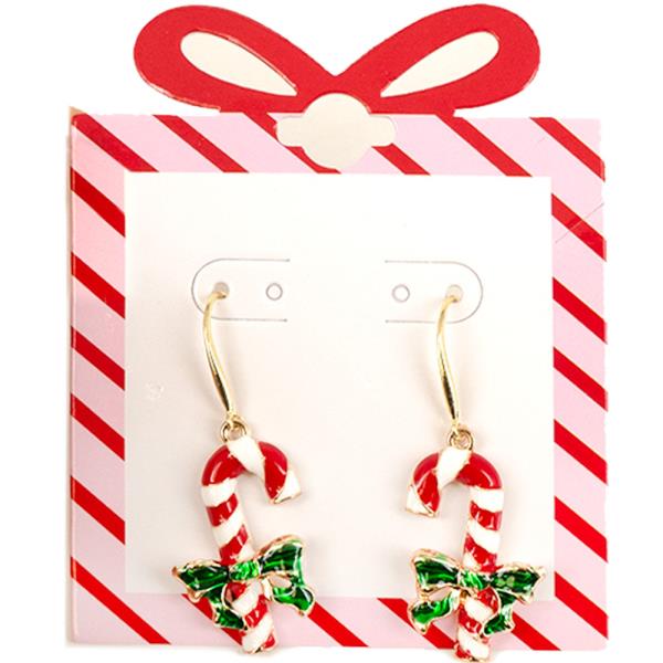 CHRISTMAS RHINESTONE CANDY CANE BOW DANGLE EARRING