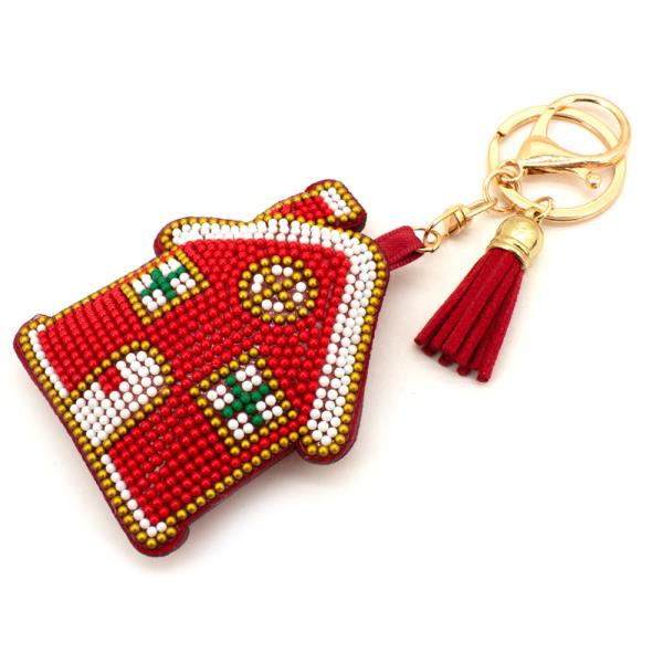 CHRISTMAS SEED BEAD GINGERBREAD HOUSE TASSEL BAG CHARM KEYCHAIN
