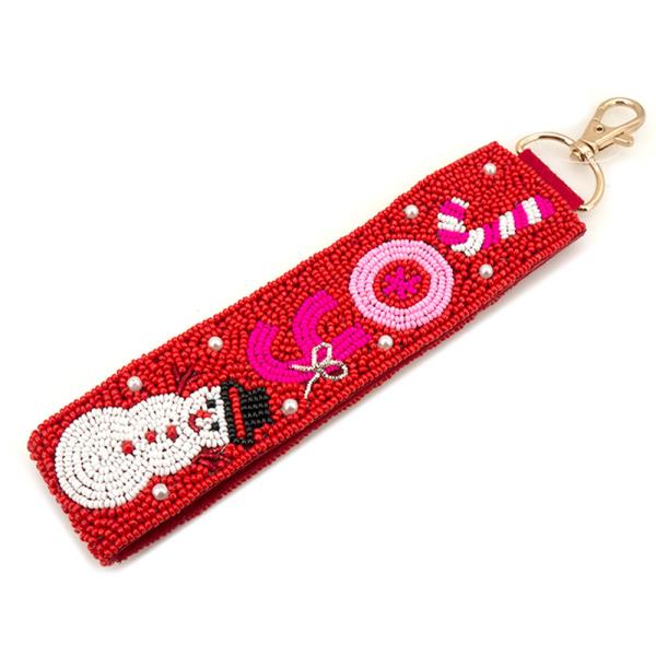 CHRISTMAS SEED BEAD SNOWMAN CANDY CANE ORNAMENT BAG CHARM KEYCHAIN