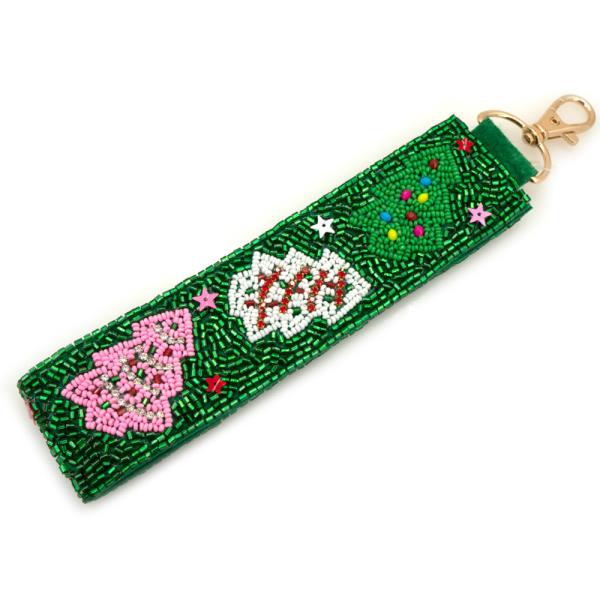 CHRISTMAS SEED BEAD TREE ORNAMENT BAG CHARM KEYCHAIN