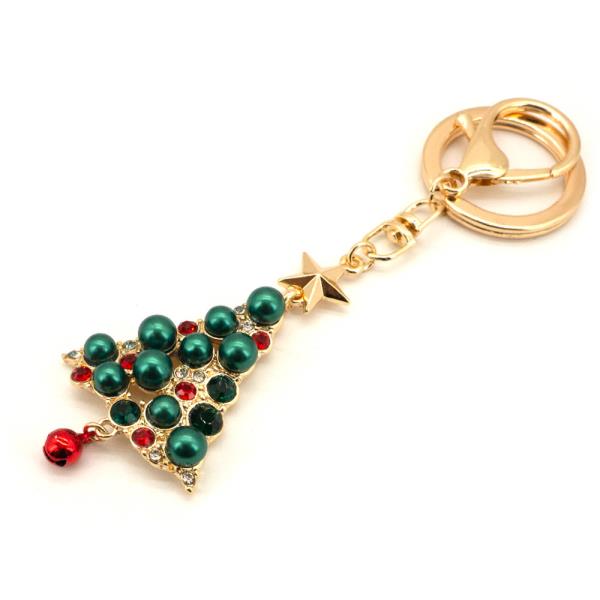 CHRISTMAS PEARL RHINESTONE TREE BAG CHARM KEYCHAIN