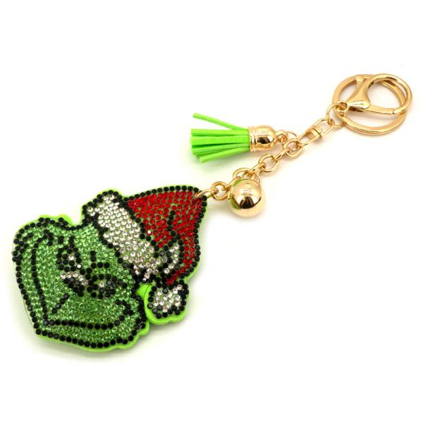 CHRISTMAS RHINESTONE GREEN MONSTER KEYCHAIN WITH TASSEL