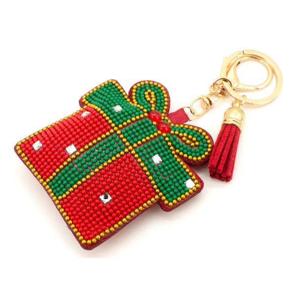 CHRISTMAS SEED BEAD RHINESTONE GIFT KEYCHAIN WITH TASSEL