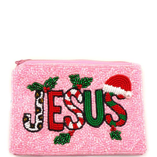 CHRISTMAS SEED BEAD JESUS COIN PURSE BAG
