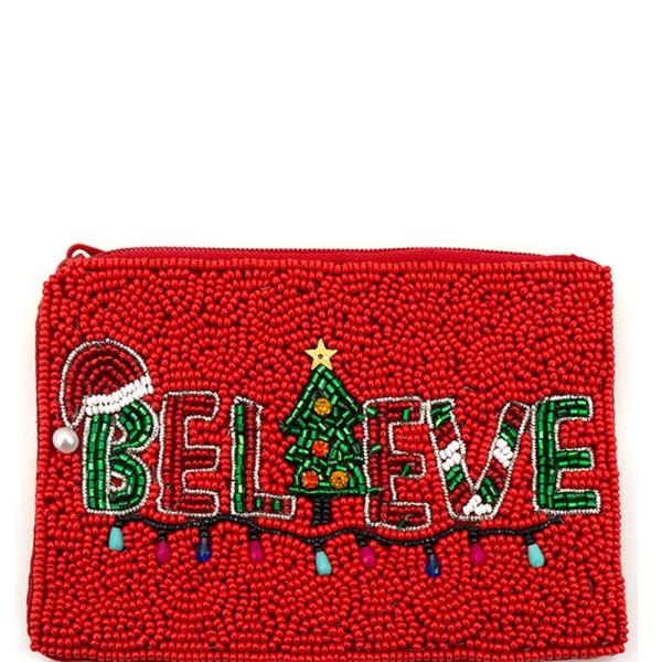 CHRISTMAS SEED BEAD BELIEVE TREE LIGHT COIN PURSE BAG