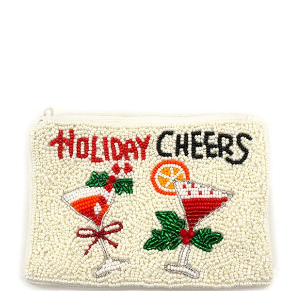 CHRISTMAS SEED BEAD CHEERS COCKTAIL COIN PURSE BAG