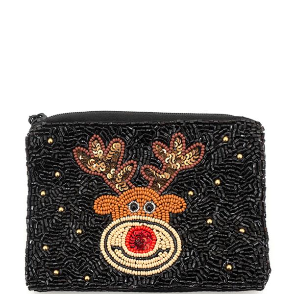 CHRISTMAS SEED BEAD RUDOLPH REINDEER COIN PURSE BAG