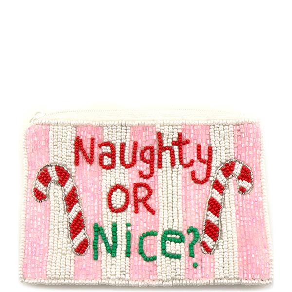 CHRISTMAS SEED BEAD NAUGHTY OR NICE CANDY CANE COIN PURSE BAG