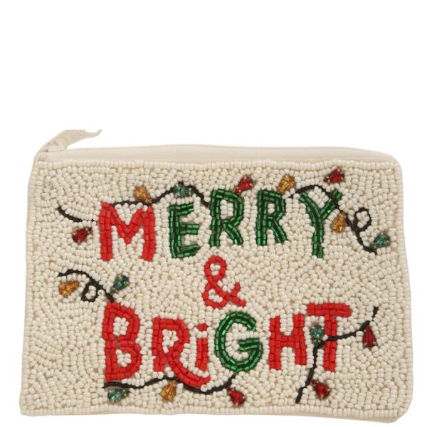 MERRY AND BRIGHT SEED BEAD COIN PURSE POUCH