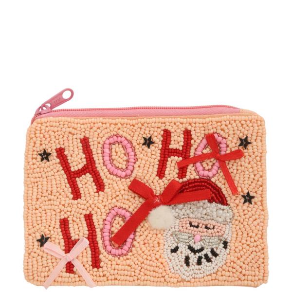 HO HO HO SEED BEAD W/ BOW COIN PURSE POUCH