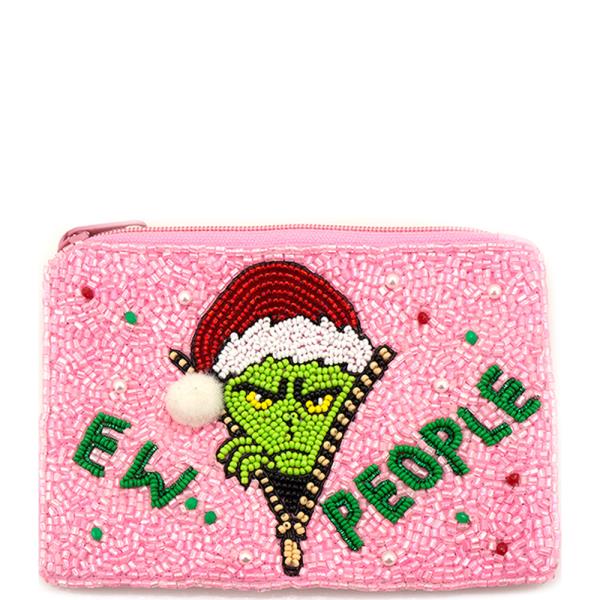 SEED BEAD CHRISTMAS GREEN MONSTER EW PEOPLE COIN PURSE BAG