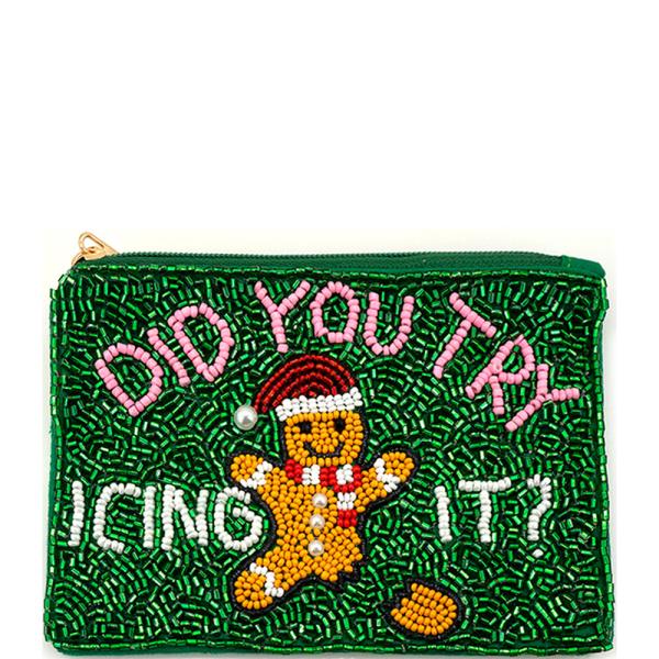 SEED BEAD CHRISTMAS GINGERBREAD DID YOU TRY ICING IT COIN PURSE BAG