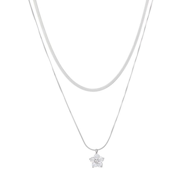 SECRET BOX STAINLESS STEEL 2 LAYERED FLORAL CZ NECKLACE