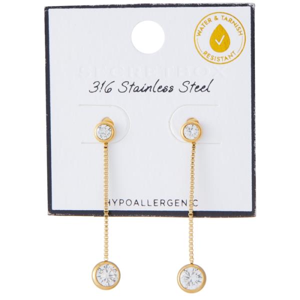 SECRET BOX STAINLESS STEEL  CZ  DROP EARRING