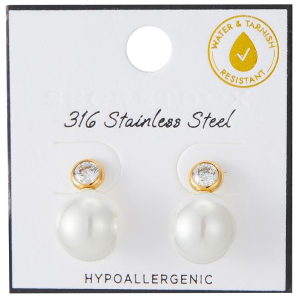 SECRET BOX  STAINLESS STEEL CZ PEARL STUD EARRING