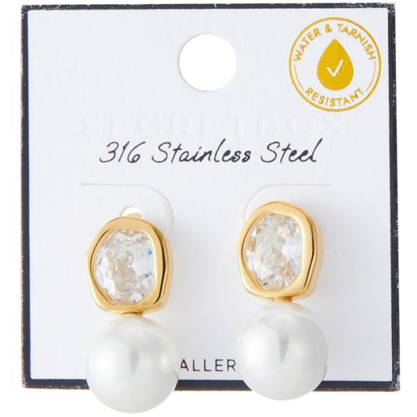 SECRET BOX STAINLESS STEEL CZ PEARL DROP EARRING