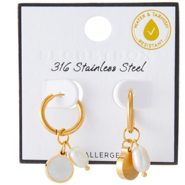 SECRET BOX  STAINLESS STEEL PEARL ROUND DANGLE HUGGIE EARRING
