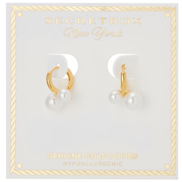 SECRET BOX  GOLD/SILVER DIPPED 2 PEARL DANGLE HUGGIE EARRING