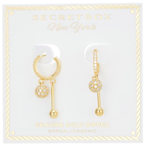 SECRET BOX  GOLD/SILVER DIPPED BALL WAND DROP CZ HUGGIE EARRING