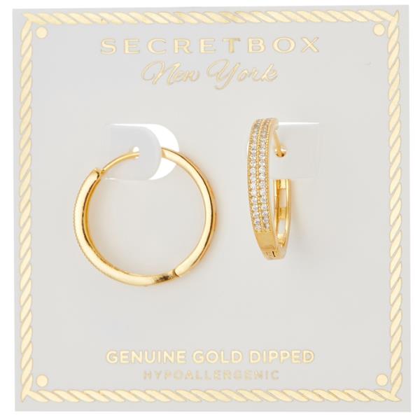 SECRET BOX GOLD/SILVER DIPPED 3 LINE CZ PAVEED HOOP EARRING