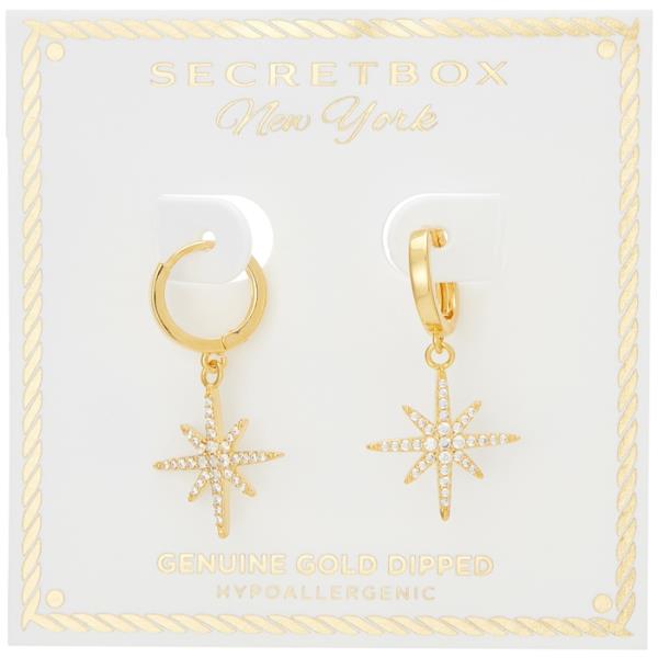 SECRET BOX  GOLD/SILVER DIPPED CZ PAVED NORTH STAR HUGGIE EARRING
