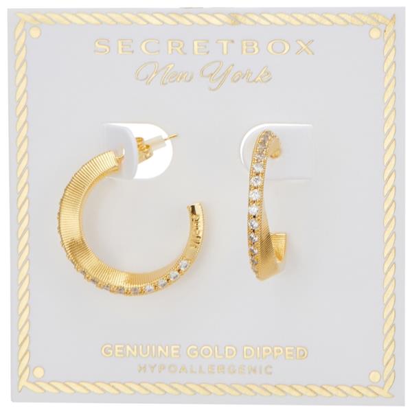 SECRET BOX GOLD/SILVER DIPPED CZ PAVED TWIST HOOP EARRING