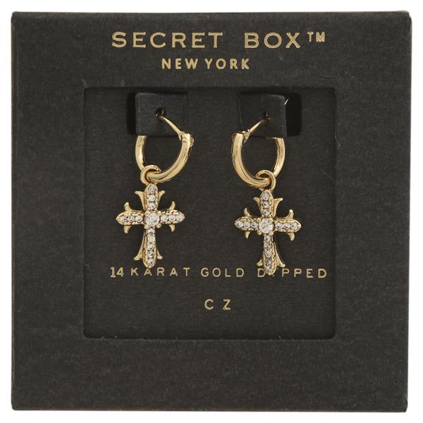 SECRET BOX GOLD DIPPED CZ CROSS EARRING