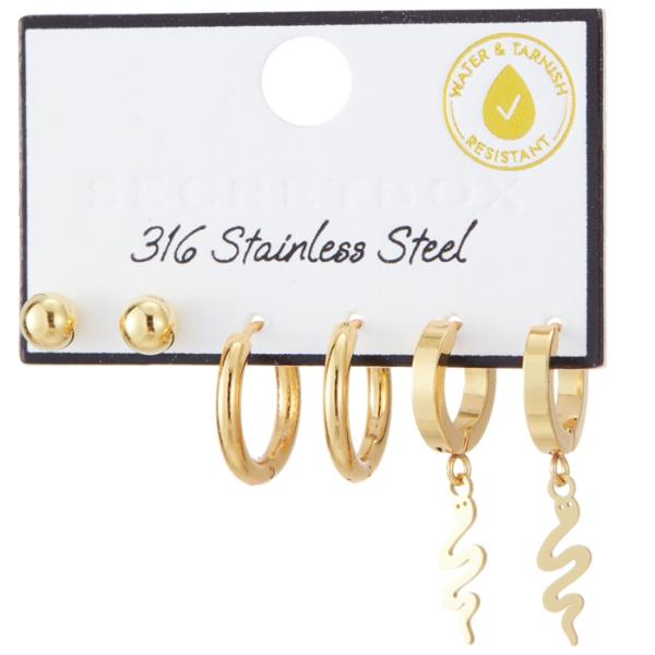 SECRET BOX STAINLESS STEEL 3 SET SNAKE HUGGIE EARRING