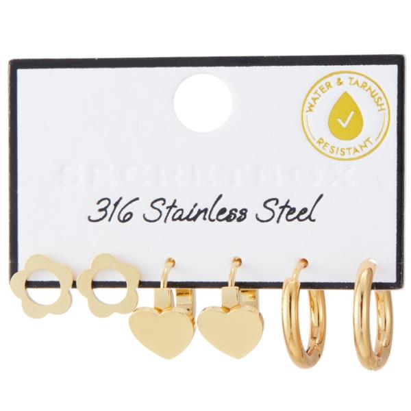 SECRET BOX STAINLESS STEEL 3 SET HEART  HUGGIE EARRING