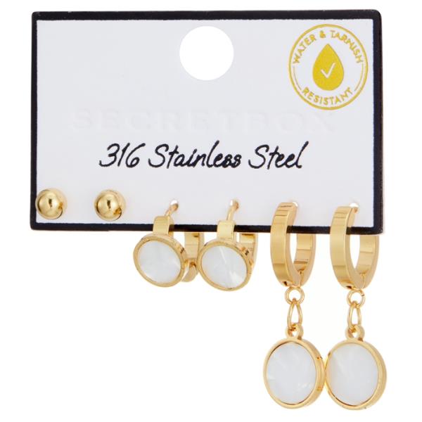 SECRET BOX  STAINLESS STEEL 3 SET PEARL DISK HUGGIE EARRING