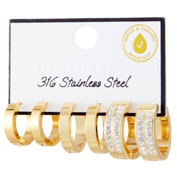 SECRET BOX STAINLESS STEEL 3 SET WHITE STONE 2 LINE HUGGIE EARRING