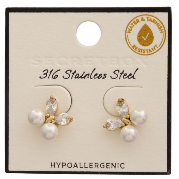 SECRET BOX  STAINLESS STEEL PERAL N CZ STUD EARRING