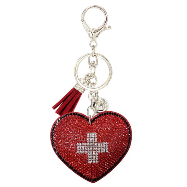RHINESTONE CROSS HEART KEYCHAIN