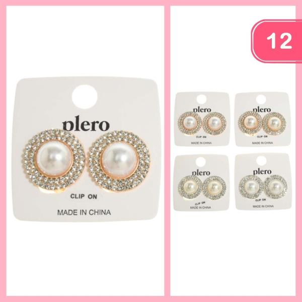 RHINESTONE PEARL POST CLIP ON EARRING (12 UNITS)