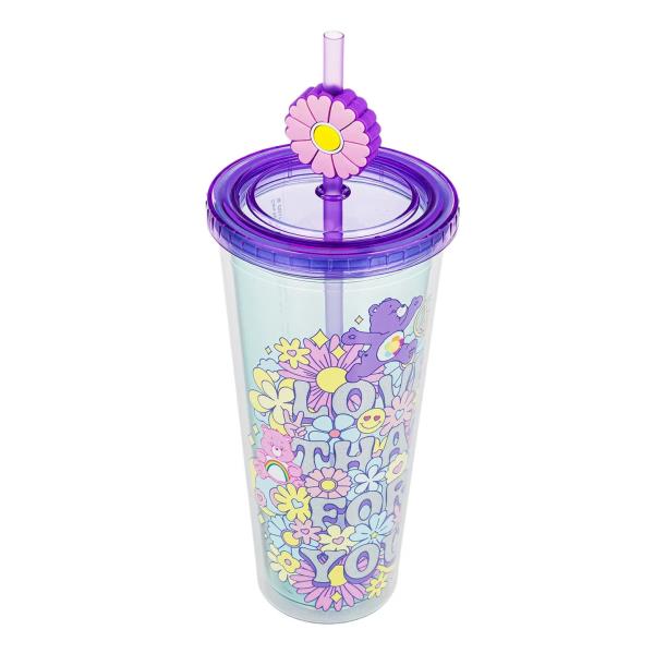 CARE BEARS PLASTIC TRAVEL TUMBLER & REUSABLE STRAW TOPPER, 24 OZ