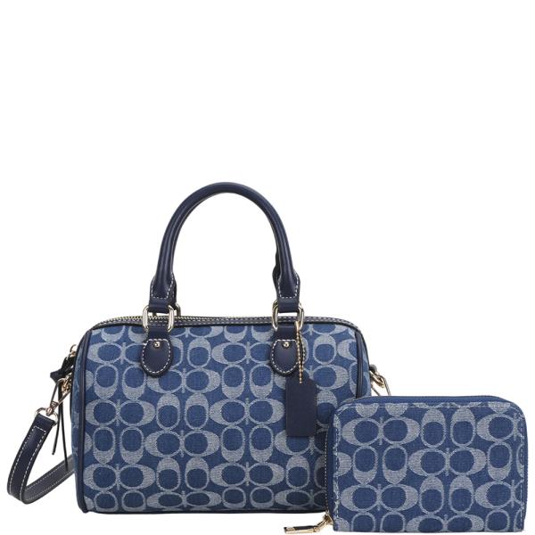 2IN1 OVAL PRINT MONOGRAM HANDLE SATCHEL BAG W WALLET SET