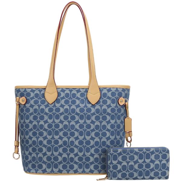 2IN1 OVAL PRINT MONOGRAM SHOULDER TOTE BAG W WALLET SET