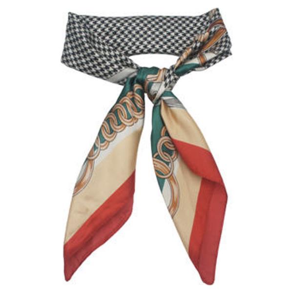 CHAIN LINK BORDER HOUNDSTOOTH PRINT SILKY BANDANA SQUARE NECK SCARF