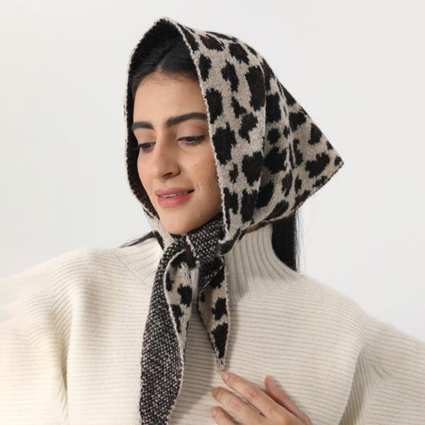 WOMEN LEOPARD PRINT KNIT TRIANGLE SCARF MULTI WAYS HEAD WRAP WARMER