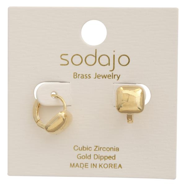 SODAJO POLISHED GEOMETRIC DESIGN HUGGIE HOOP GOLD DIPPED EARRING