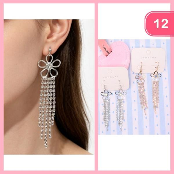 METAL FLOWER RHINESTONE TASSEL DROP EARRING (12 UNITS)
