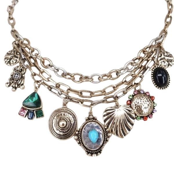 CRYSTAL STONE METAL TWO TONE WESTERN SEALIFE SHELL MULTI CHARM LAYERED STATEMENT NECKLACE