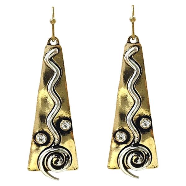 RHINESTONE METAL TWO TONE ABSTRACT TRIANGLE DANGLE EARRING